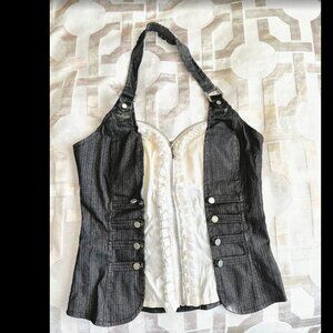 Vintage Black Denim Corset White Ruffles Military Style